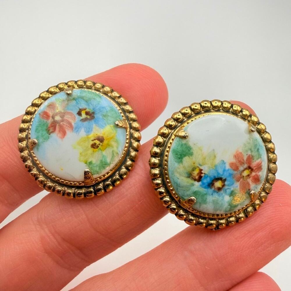 Vintage Hand Painted Porcelain Floral Clip Earrings Gold Tone Round Beaded Frame